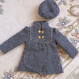 Girls pea coat with hat size 5 Wool blend black, white, gold